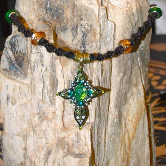 Gold Toned Faceted Oval Dichroic Gold Toned Cross on a handmade Black Hemp Chain - Picture 6 of 7